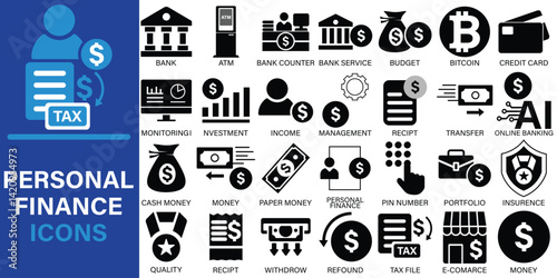 Personal finance icon vector set, personal finance silhouette vectors, black and white personal finance icons vector set isolated on white background.