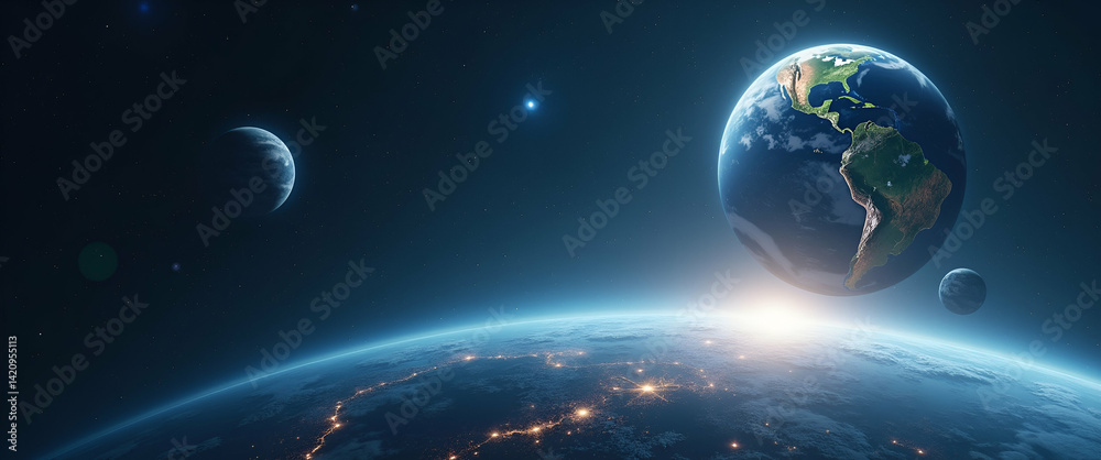 Fototapeta premium Wallpaper concept with minimalist style and extensive empty space illustrating interplanetary economy dynamics. The design fuses futuristic economic imagery with advanced space exploration elements co