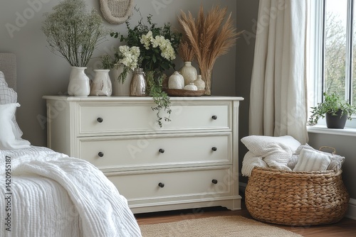 White chest of drawers with seven large spacious drawers for clothing, shoes, and daily items in modern bedroom home interior design photo
