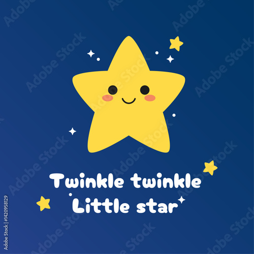 Adorable vector illustration of a smiling cartoon star with sparkling accents and the text "Twinkle twinkle little star". Perfect for kids' products, educational content, and whimsical designs.