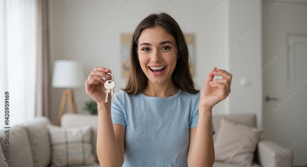 Happy woman celebrating with house keys in a bright living room Happy woman celebrating with house keys in a bright living room