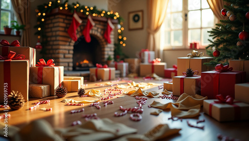 The joyous aftermath of Christmas morning, presents strewn across a sun-drenched floor, creating a scene of warmth and festive chaos with soft golden light and a blurred background. photo