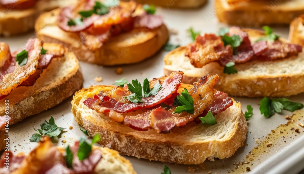 crispy bacon strips on toasted slices of baguette, garnished with fresh parsley, creating a savory and appetizing presentation crispy bacon strips on toasted slices of baguette, garnished with fresh parsley, creating a savory and appetizing presentation