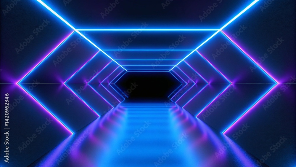 Fototapeta premium 3d render, abstract violet blue neon background. Dark empty room with glowing floor. Empty ice arena. Futuristic digital scene with vibrant lights and reflections in a surreal cyber environment.