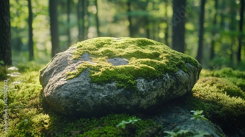 A bright green moss-covered rock in a sunny forest texture background