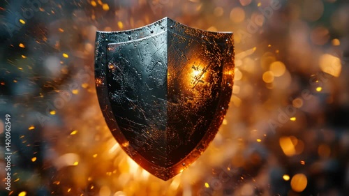 A weathered shield, standing strong amidst fiery sparks