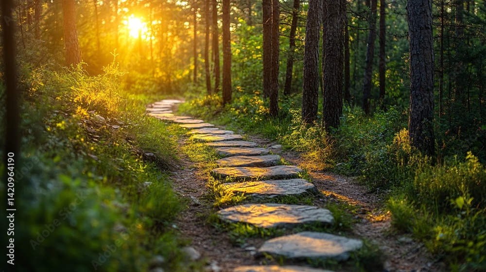 Fototapeta premium A stone path winding through a bright forest clearing texture background
