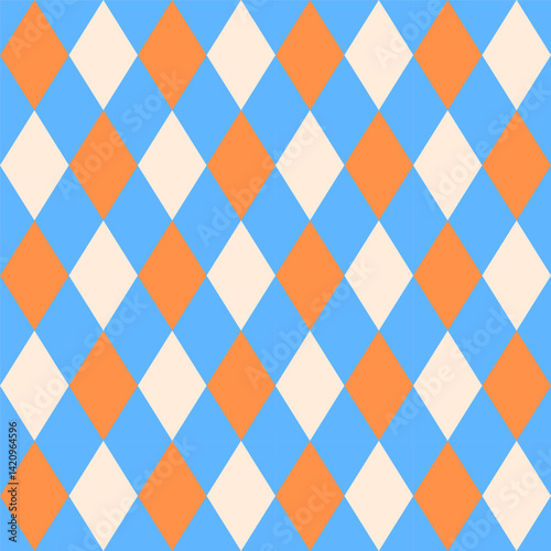 Seamless argyle pattern.Colorful harlequin repeat pattern in blue orange beige.Vector graphic background for textile and prints.
