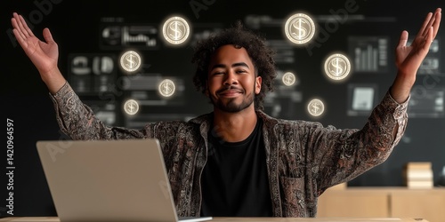 Joyful investor celebrating success after a profitable stock trade, feeling accomplished and excited about their financial achievement
