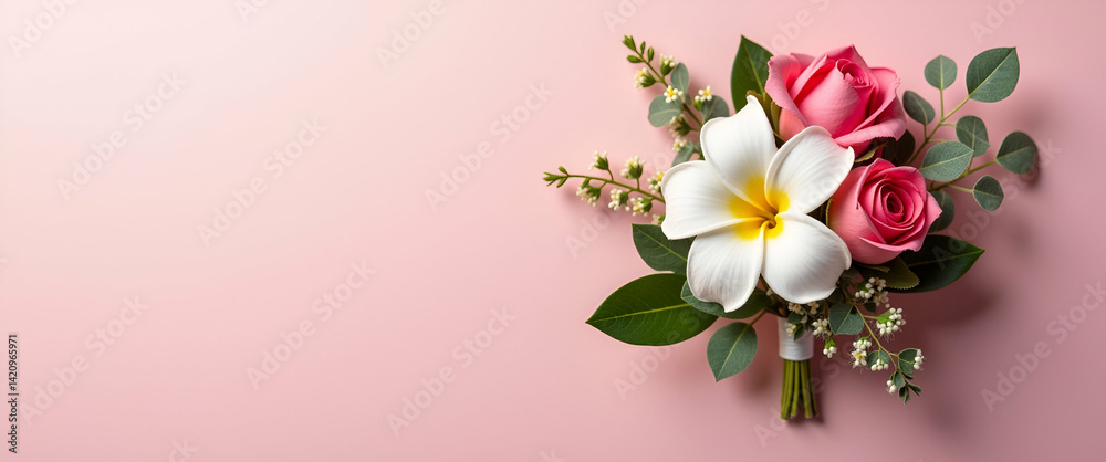 Fototapeta premium Refined Prom Corsage and Boutonniere: Handcrafted Floral Artistry in Delicate Hues, Meticulous Detailing for Upscale Prom Accessory Trends - Photo Stock Concept with Empty Left Space