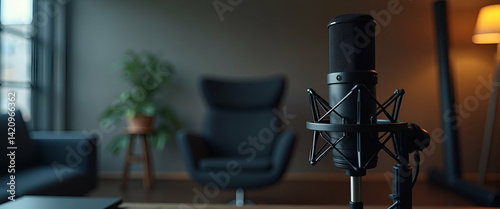 Construct a detailed photo stock scenario featuring a premium podcast microphone setup that emphasizes clarity robust audio capture and elegant design in  Photo Stock  Concept  and empty space on the  photo