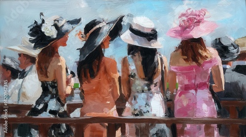 Impressionistic oil painting of elegantly dressed women wearing elaborate large hats enjoying a prestigious horse race event with vibrant fashion and sunny outdoor atmosphere
