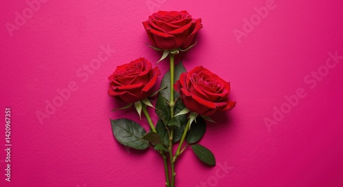 Fototapeta Naklejka Na Ścianę i Meble -  Three red roses arranged against a vibrant pink background  