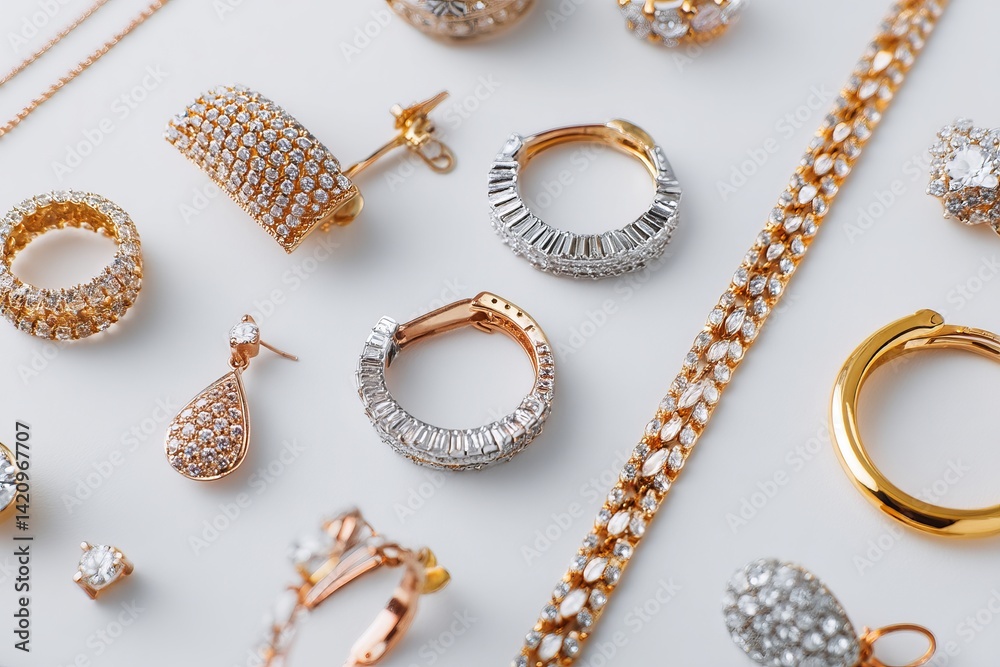 Brilliant Diamond Jewelry: Exquisite Earrings, Rings, Bracelets, and Necklaces Adorn a Luxurious Surface. Brilliant Diamond Jewelry: Exquisite Earrings, Rings, Bracelets, and Necklaces Adorn a Luxurious Surface.