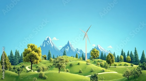 3D isometric eco-windmill on terraced mountain terrain, smooth gradients and bold colors, isolated on blue