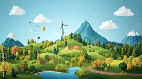 3D isometric eco-windmill on terraced mountain terrain, smooth gradients and bold colors, isolated on blue 