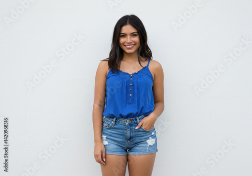 Woman in blue top & denim shorts laughing