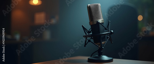 Premium Podcast Microphone Setup: Elegant Design, Clarity & Robust Audio Capture - Ideal for Creators, Podcasters, and Broadcasters - Empty Space for Text or Branding photo
