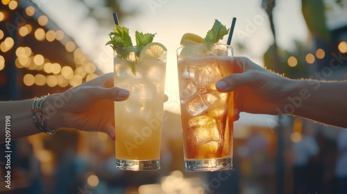 Two refreshing cocktails are raised in a toast outdoors.