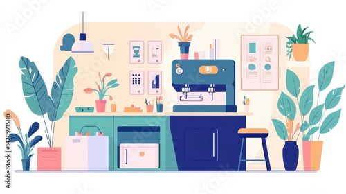 Clean minimalist concept of a punching machine in use by a single operator, flat design with pastel accents and open space 