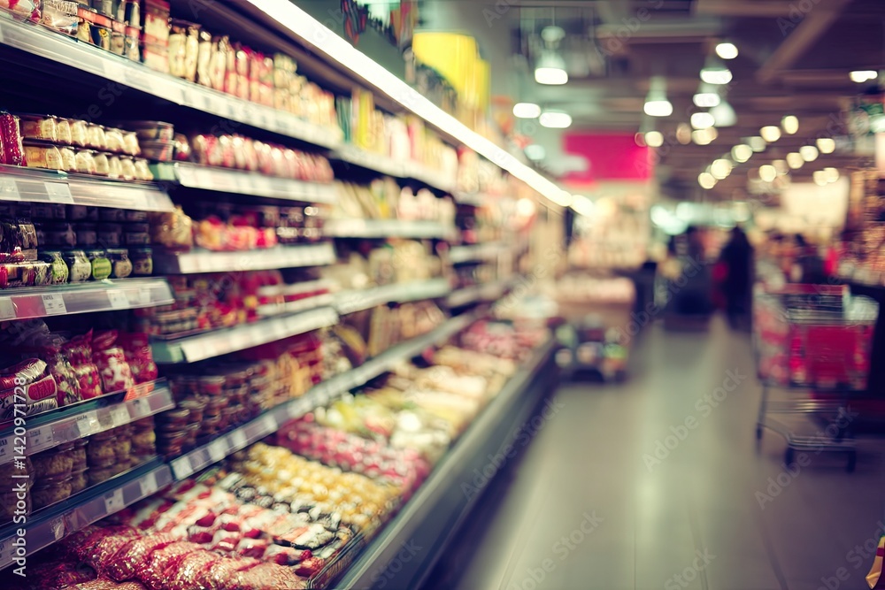 Supermarket aisle with food displays Supermarket aisle with food displays