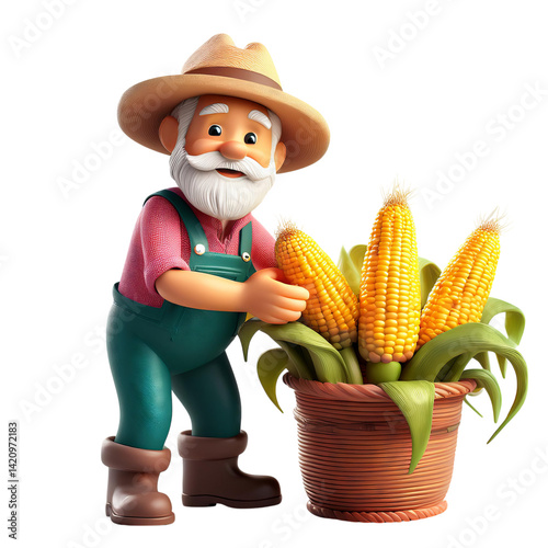 Cheerful Farmer Holding Fresh Corn with Happy Expressions, isolated on transparent background
