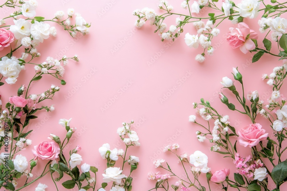 Obraz premium Delicate floral composition on soft pink background ideal for romance, greetings, or heartfelt messages during special celebrations like valentine's and mother's day