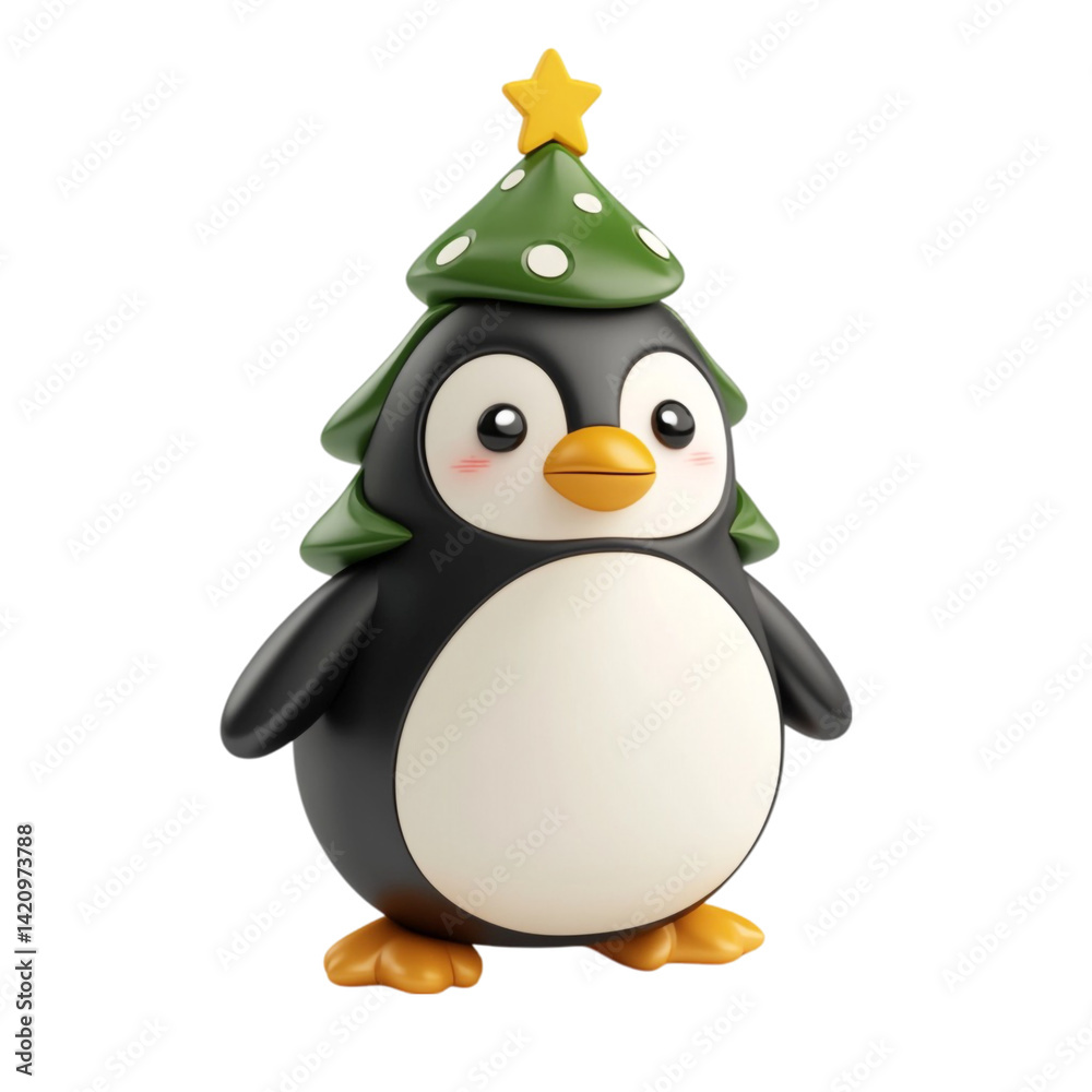Obraz premium Cute penguin wearing a Christmas tree hat for the holidays festive winter animal character