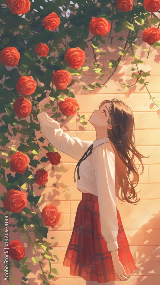 Fototapeta premium A girl reaching for red roses on a vine-covered wall