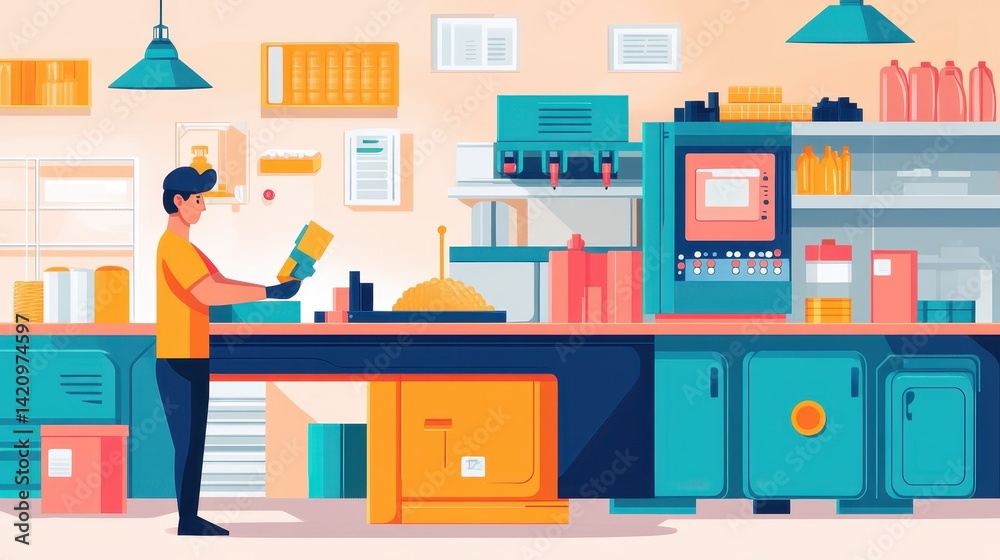 Flat minimal concept of a worker loading material into a molding machine, neutral tones and simple geometry Flat minimal concept of a worker loading material into a molding machine, neutral tones and simple geometry