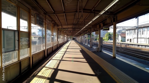 Empty train platform, sunlight, suburban station, Japan