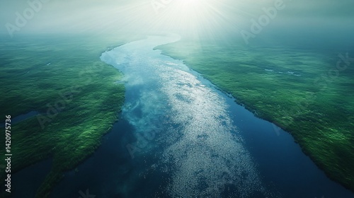 A bright river delta seen from above, shining in sunlight texture background