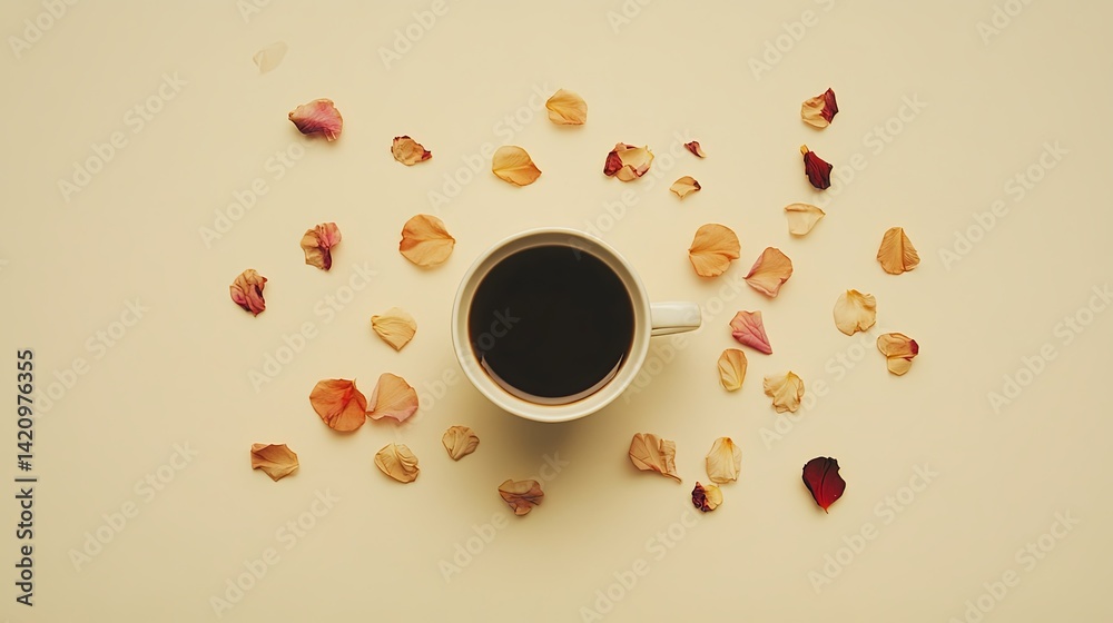 Obraz premium Coffee cup with scattered petals on beige, minimal flat lay. Serene simplicity in a quiet moment.