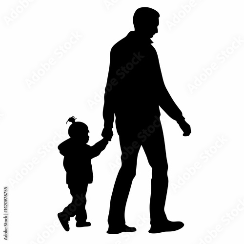 Silhouette Of Father Holding Hand With Young Child Walking Together Outside