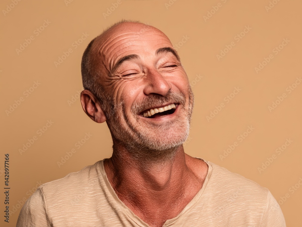 Mature man with slight wrinkles, head thrown back in laughter, authentic joy, isolated warm beige background Mature man with slight wrinkles, head thrown back in laughter, authentic joy, isolated warm beige background