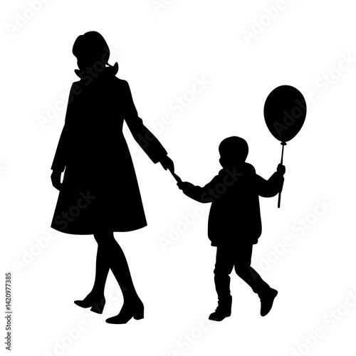 Silhouette Of Mother And Child Walking Together Holding A Balloon Vector Illustration