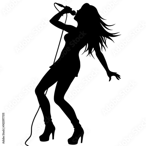 Silhouette Of A Female Singer Performing With A Microphone In Hand Vector