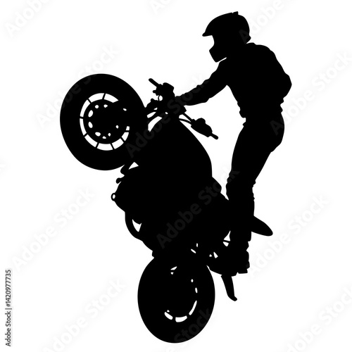 Motorcyclist Doing A Wheelie Stunt Black Silhouette On White Background Graphic