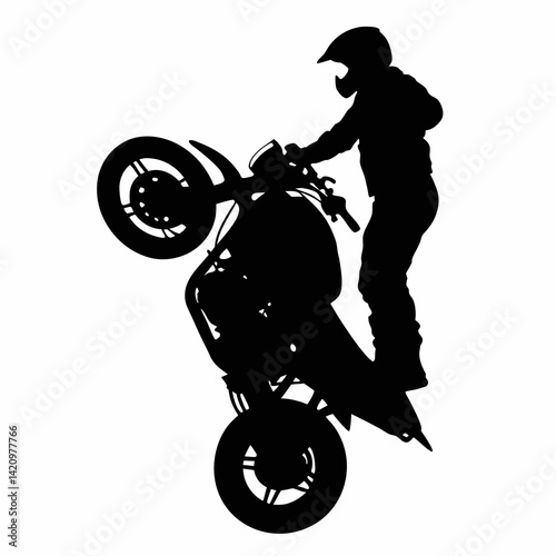 Stunt Rider Performing Wheelie On Motorcycle Black Silhouette Graphic Illustration