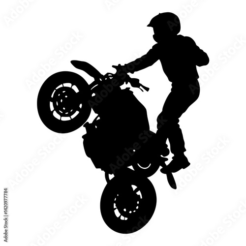 Silhouette Of A Motorcycle Stunt Rider Performing A Wheelie On White Background