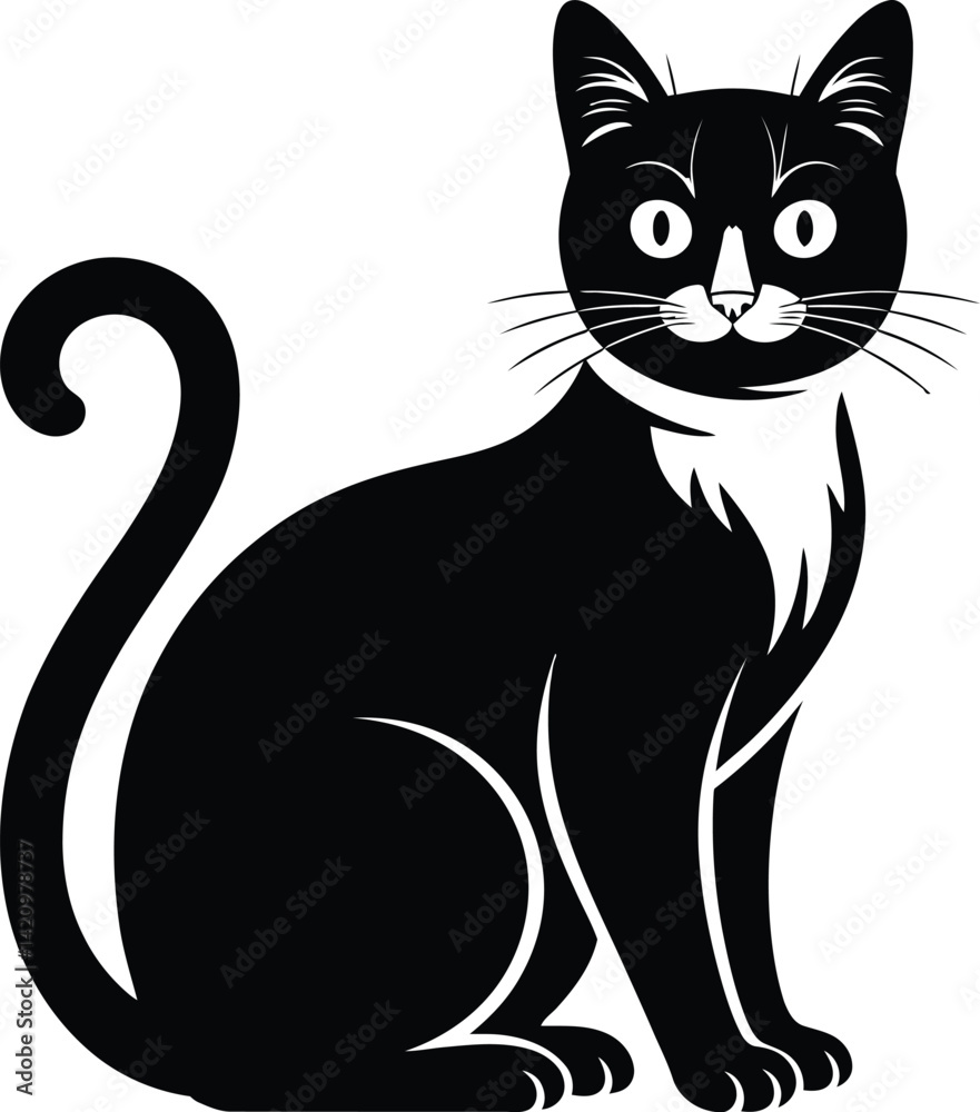Black and White Minimalist Cat Illustration with Curled Tail and Bold Eyes Black and White Minimalist Cat Illustration with Curled Tail and Bold Eyes