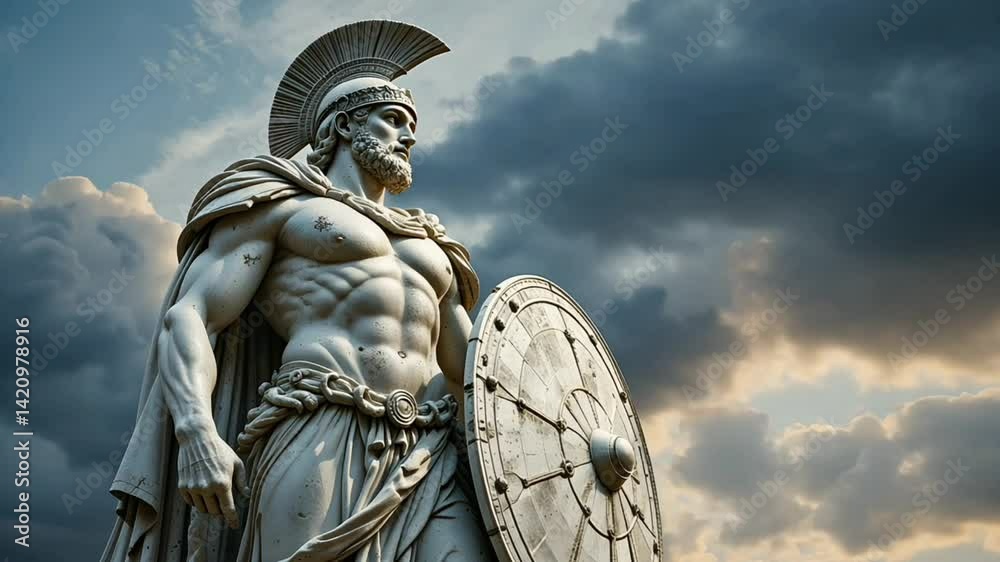 Statue warrior greek sculpture spartan ancient shield clouds art marble mythology hero god sky 4k video
