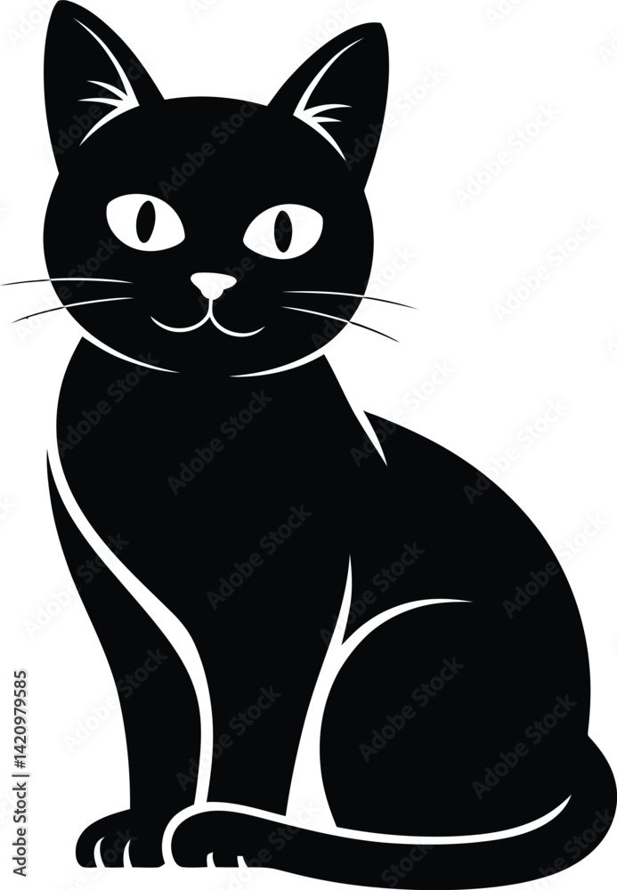 Obraz premium Black and White Minimalist Cat Illustration with Curled Tail and Bold Eyes