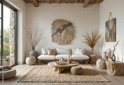 Serene Minimalist Living Room: Earthy Tones and Natural Textures