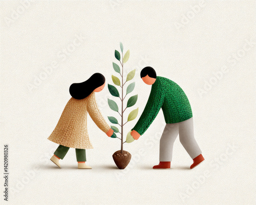 Planting tree together, this couple showcases teamwork and care for environment, symbolizing growth and sustainability
