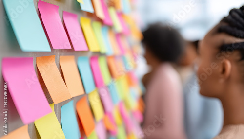 Colorful sticky notes on wall create vibrant brainstorming environment, inspiring creativity and collaboration among participants