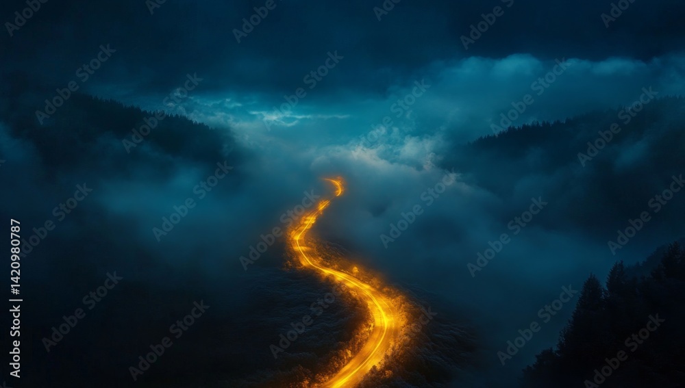 Fototapeta premium Winding road through misty mountain night. A luminous, golden path snakes through a valley shrouded in fog and clouds, under a dark, dramatic sky