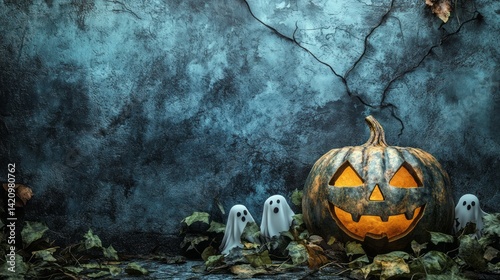 Halloween pumpkin and little ghosts on a grunge background