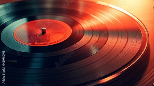 Spinning Vinyl Record, Close-up of a Rotating Record in Warm Lighting
