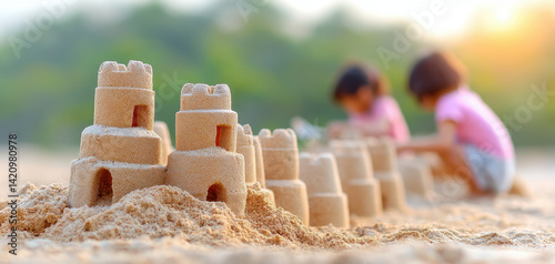 Joyful kids building sandcastles near tide line, creating memories on sunny beach. Their laughter fills air with happiness